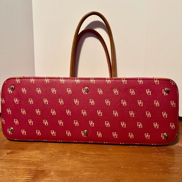 Dooney & Bourke Pebble Leather Satchel Berry Pink DB Logo Coquette Bag Tan Trim - Picture 5 of 13